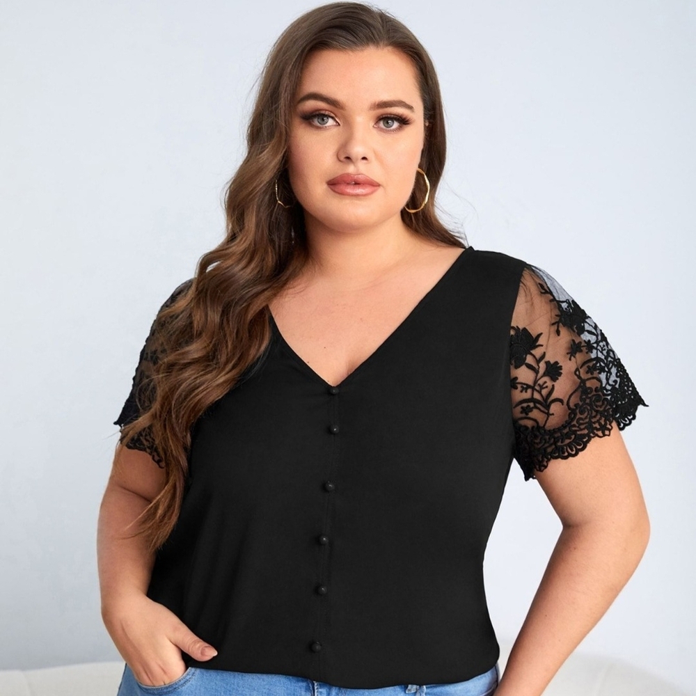SHEIN Black V-Neck Blouse with Lace Short Sleeves